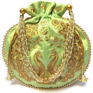 Indian Ethnic Desner Embroidered Silk Mint Green Potli Bag Batwa Pearls ^_^